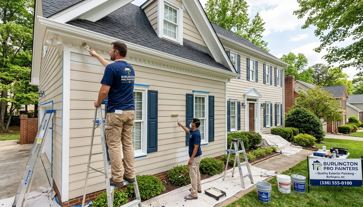 Professional house painters working on exterior home repaint in Greensboro, NC