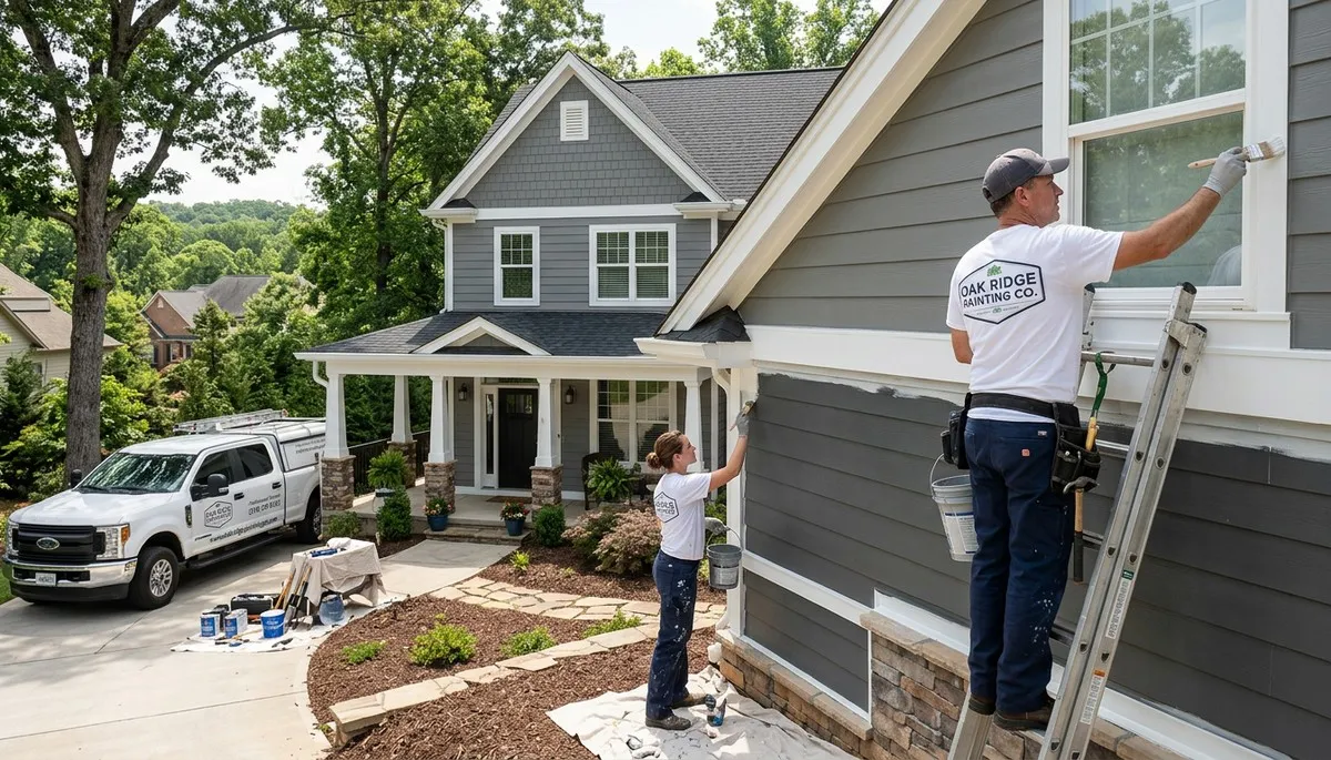 Professional house painters in Greensboro NC applying exterior paint to a residential home