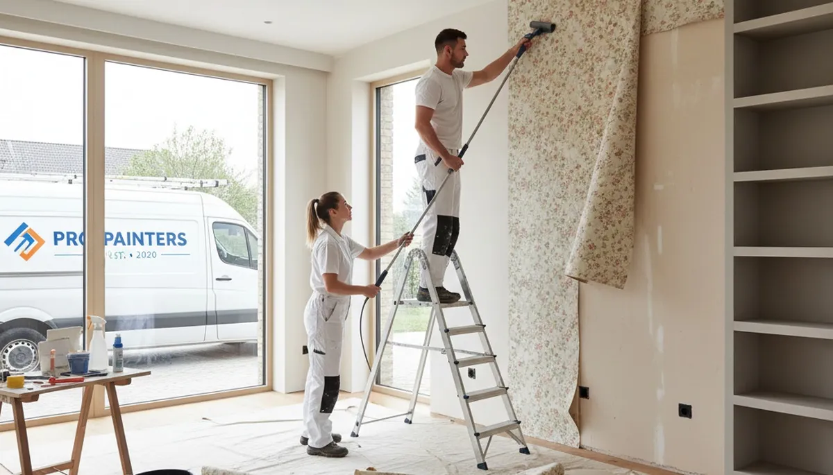Professional wallpaper removal by house painters in Greensboro, NC preparing walls for repainting