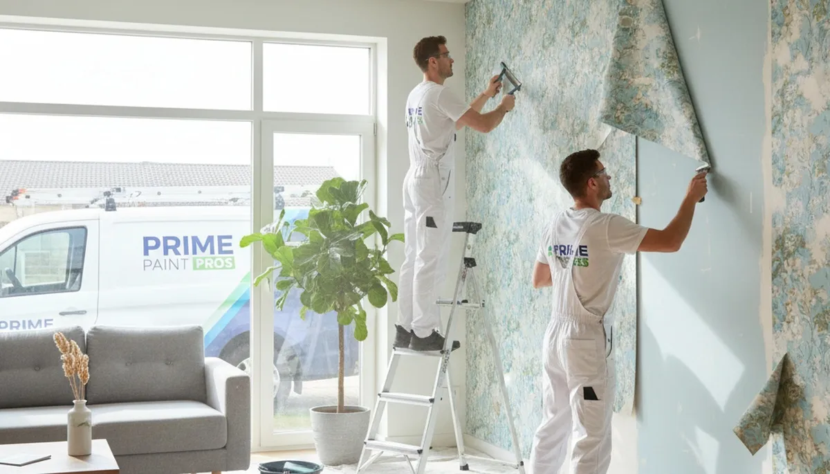 Professional wallpaper removal by house painters in Greensboro, NC preparing walls for fresh paint